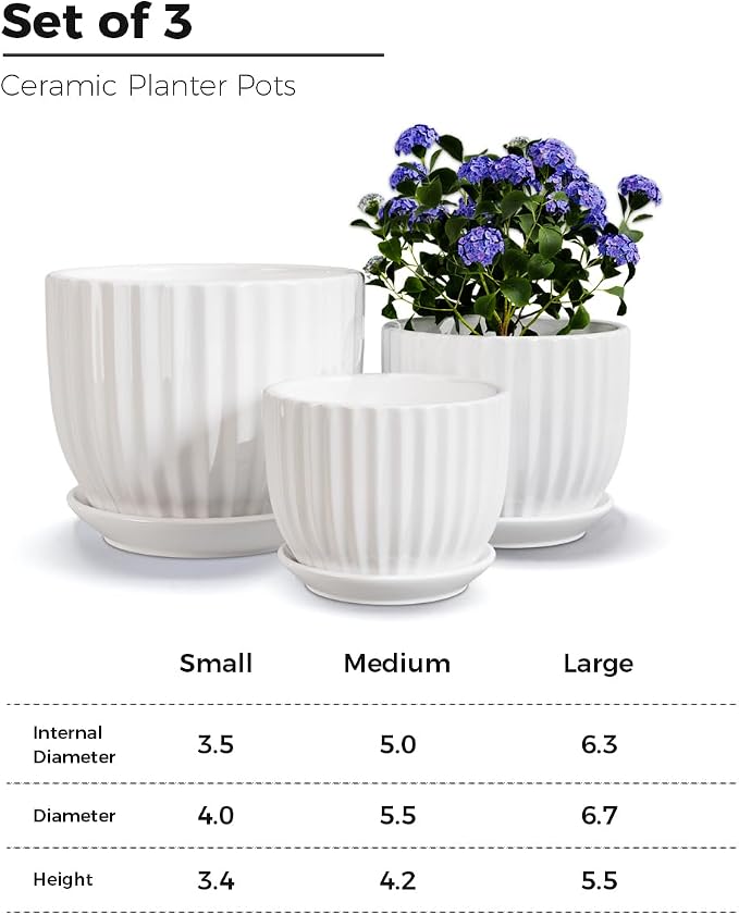Ton Sin White Plant Pots Set of 3, Indoor Ceramic Flower Pot - Image 2
