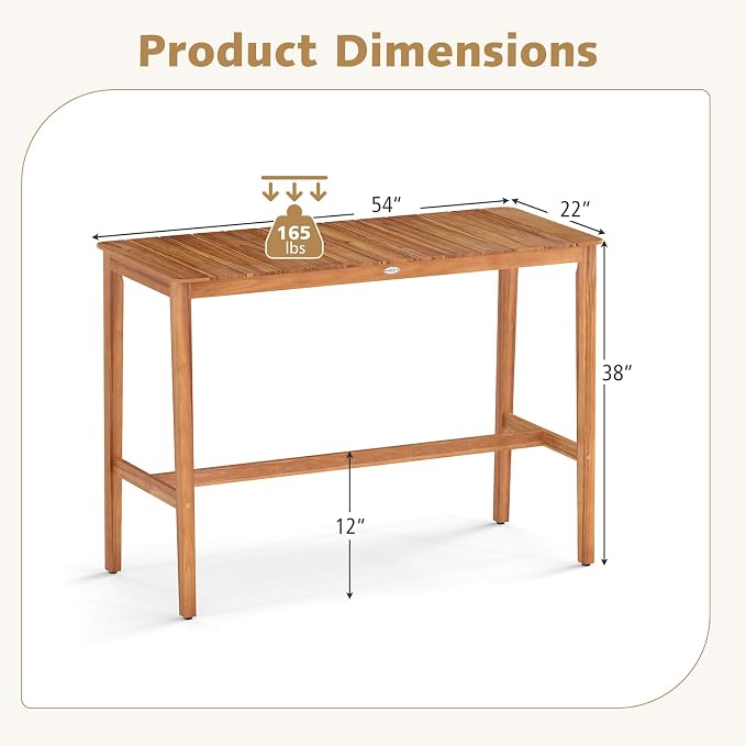 Tangkula Patio Bar Table, 54” x 22” Acacia Wood Counter Height Table - Image 3