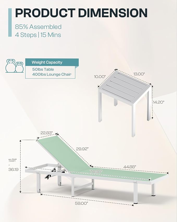 Lounge Chair Outdoor with Wheels, Aluminum Patio Chaise Lounge Chair with 5 - Image 2