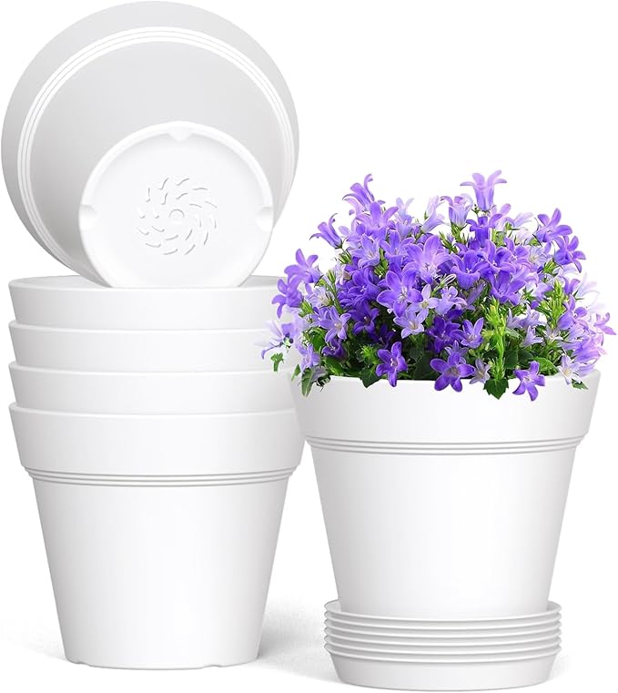 5 Inch Plastic Plant Pots with Drainage Holes and Trays – 6 Pack Small Nursery by WSMKSZ