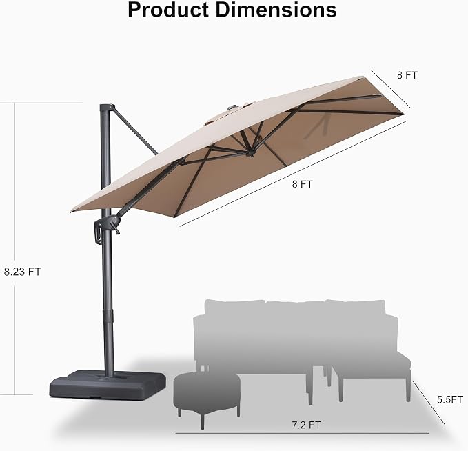 PURPLE LEAF Patio Umbrella 8' X 8' Rectangle Cantilever Umbrella Large Aluminum - Image 9