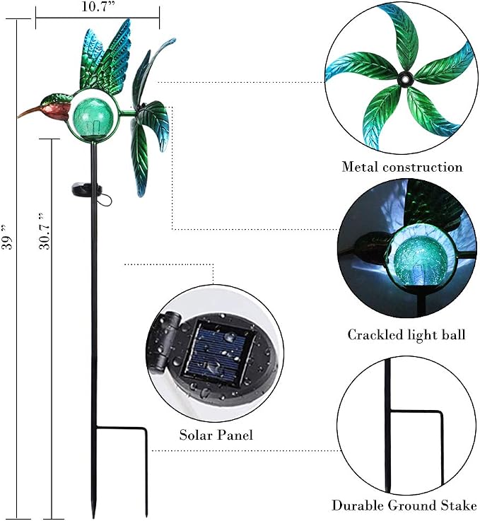 Afirst Solar Hummingbird Wind Spinner, Metal Kinetic Garden Stake Lights Wind - Image 2