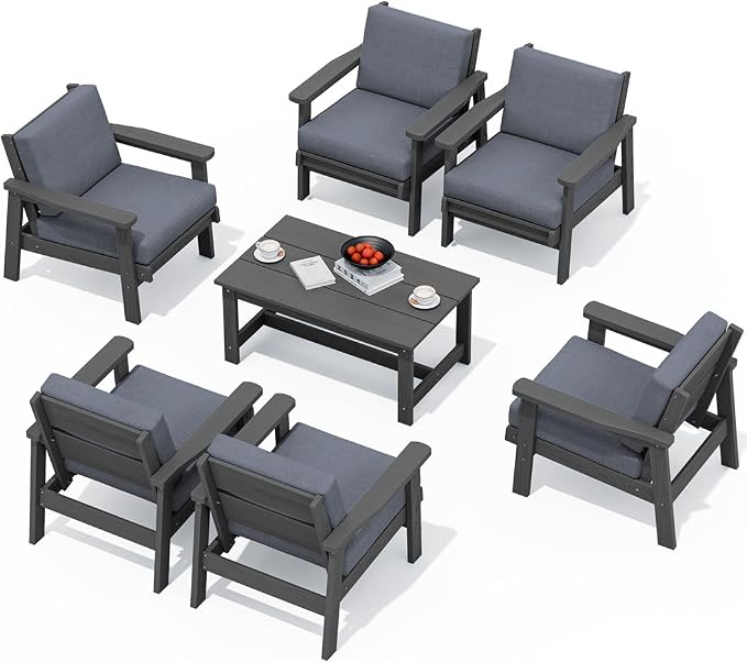 SERWALL HDPE Outdoor Furniture Set, 7 Piece All Weather Wood-Like Outdoor Sofa by SERWALL