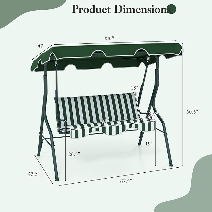 Porch Swing Outdoor, 3 Person Patio Swing w/Removable Cushion, Stand & - Image 8