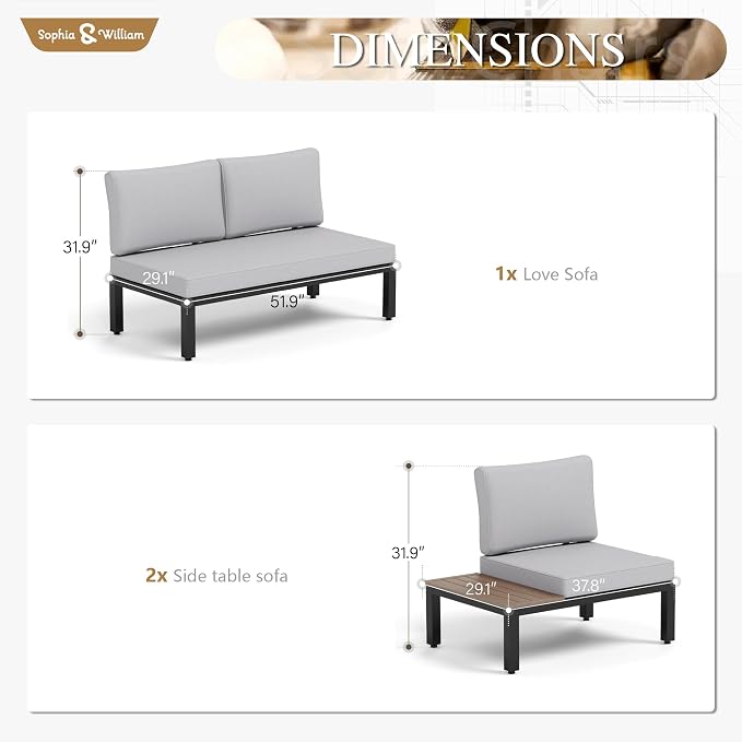 Sophia & William 3 Pieces Outdoor Patio Furniture Set, Metal Sectional Sofa Set - Image 7