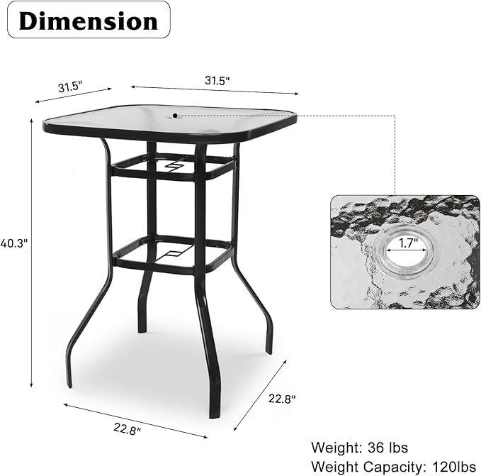 VINGLI Outdoor Bar Table with Umbrella Hole, Modern Black Metal Patio Bar Table - Image 3