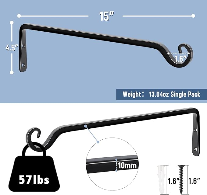 FEED GARDEN 15 Inch 2 Pack Hand-Forged Hanging Plant Bracket Heavy Duty Metal - Image 2