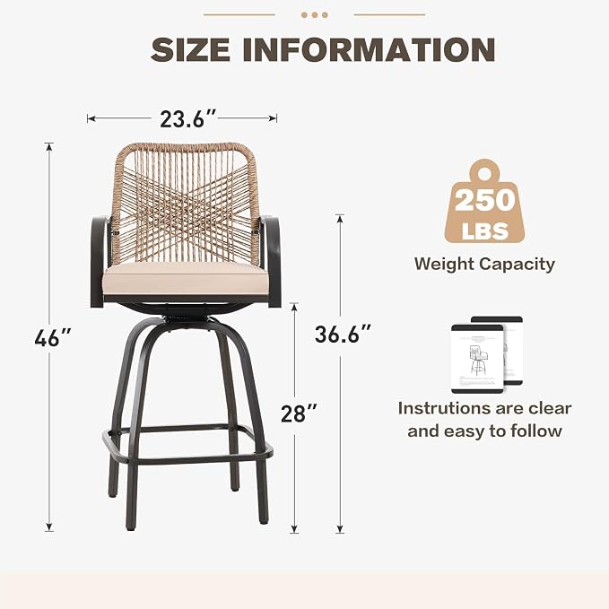 Patio Swivel Bar Stools Set of 2, Outdoor Rattan Height Bar Patio Swivel Chairs - Image 2
