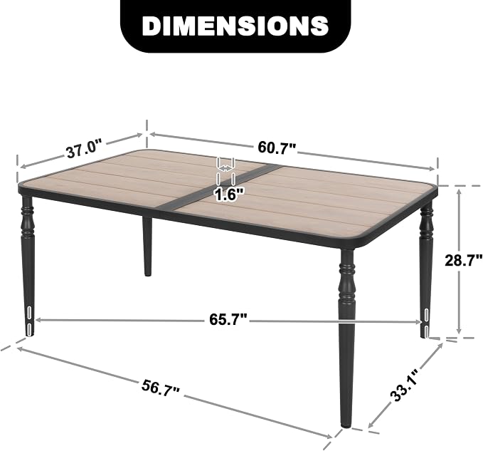 NUU GARDEN Patio Dining Table for 6, 61” x 37” Large Rectangle Metal Table - Image 3