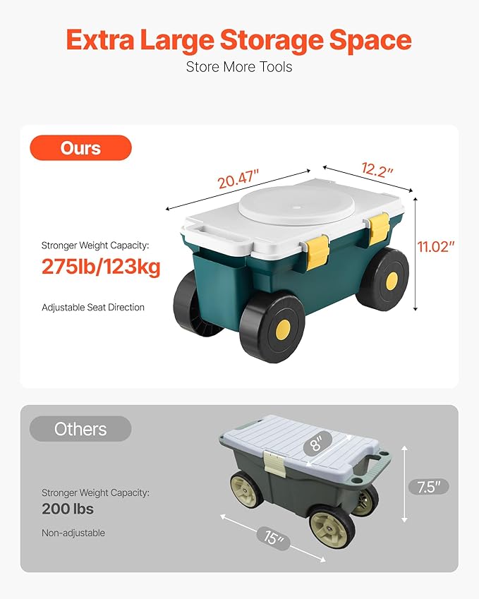 VEVOR Garden Scooter with Seat, 2 in 1 Rolling Garden Cart with Storage Bin - Image 4