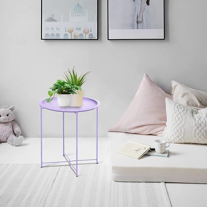 Garden 4 you End Table 2 PCS Metal Side Table Purple Round Folding Tray Cyan - Image 2