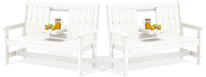 SERWALL Outdoor Bench with Cup Holder, All Weather Patio Benches with High by SERWALL