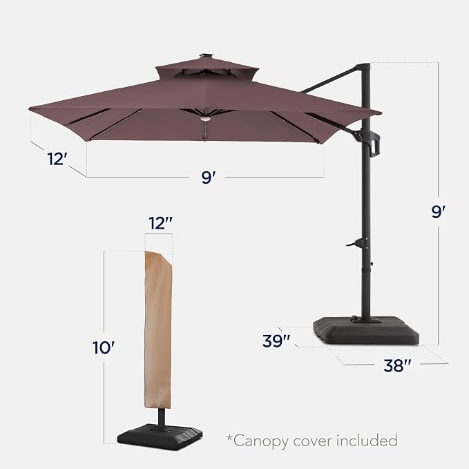 Best Choice Products 9x12ft LED Cantilever Patio Umbrella w/Base Included & - Image 2