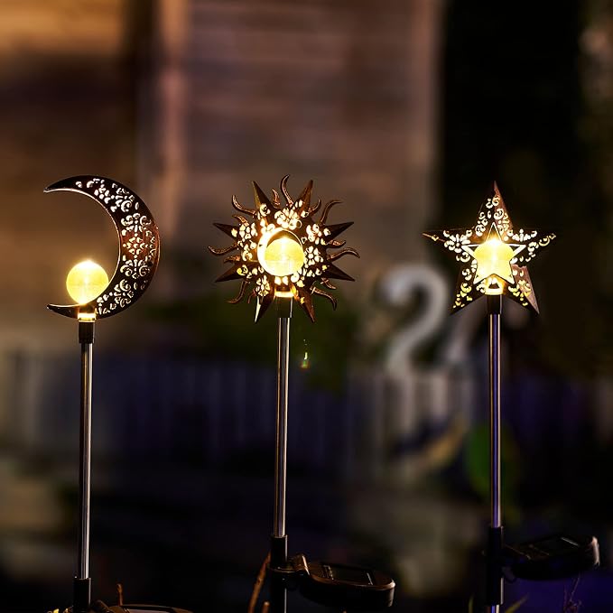 Solar Garden Stake Lights, Moon Sun Star Yard Decorations Outdoor 3 Pack Solar - Image 4