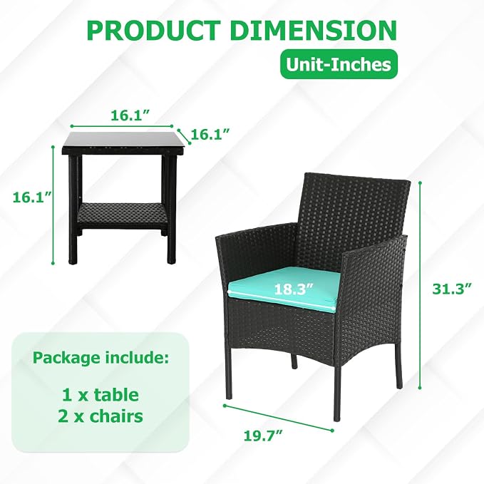FDW 3 Piece Outdoor Furniture Set Patio Wicker Chairs Furniture Bistro - Image 2