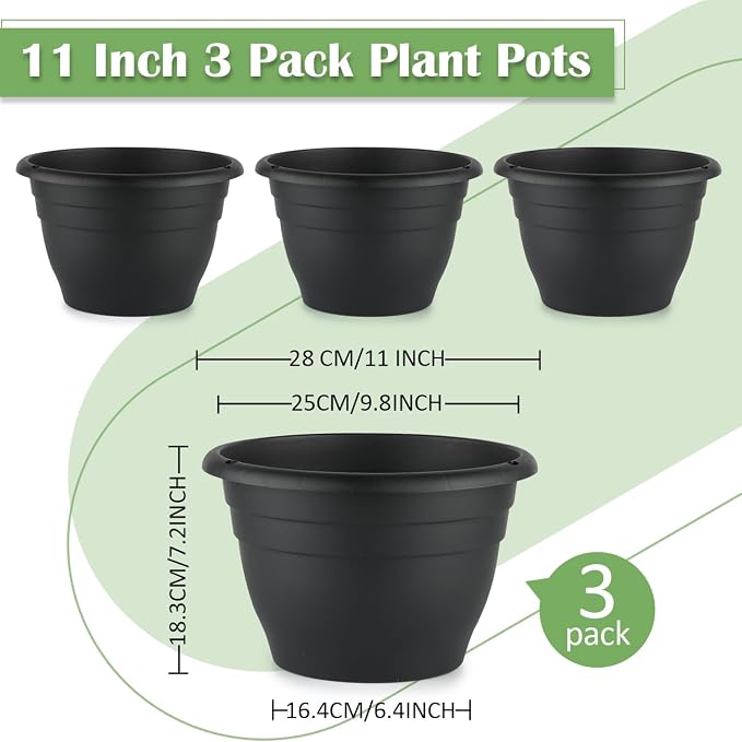 3 Pack 11 Inch Plant Pots, Plastic Flower Pots - Image 5