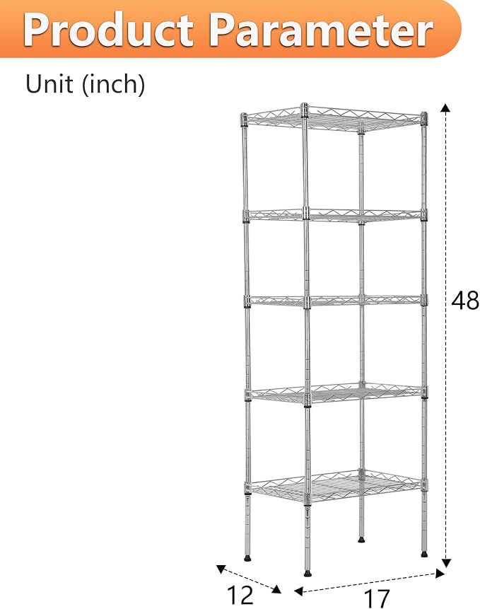 BestOffice | 5-Tier Wire Storage Shelves | 17x12x48 | Chrome | - Image 3