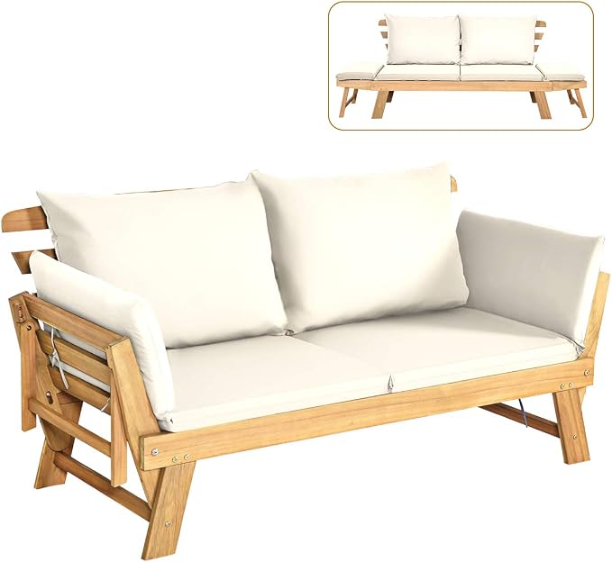 Tangkula Convertible Acacia Wood Patio Couch Sofa Bed by TANGKULA