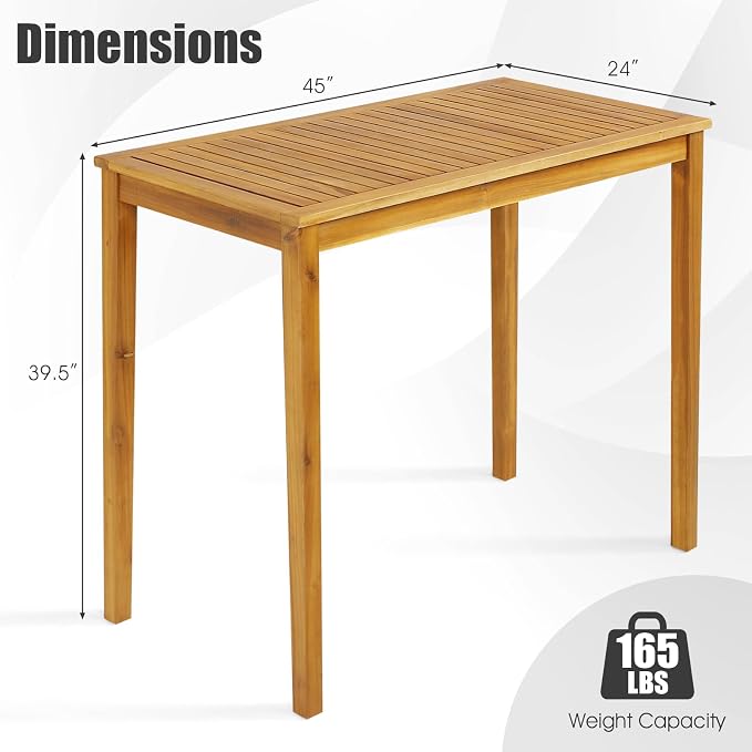 Tangkula Outdoor Acacia Wood Bar Table, 45” Rectangular Bar Height Farmhouse - Image 3