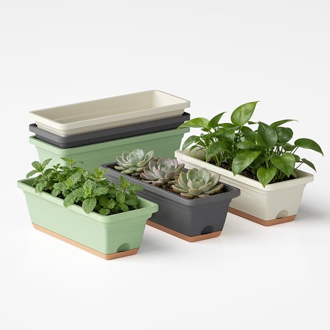 Window Box Planter, 6 Pack Plastic Vegetable Flower Window Planters Boxes 16 by LesOasis