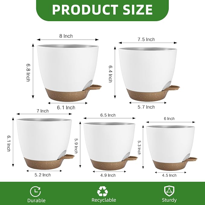 Plant Pots 8/7.5/7/6.5/6 Inch Self Watering Pots, 5 Pack Planters - Image 3