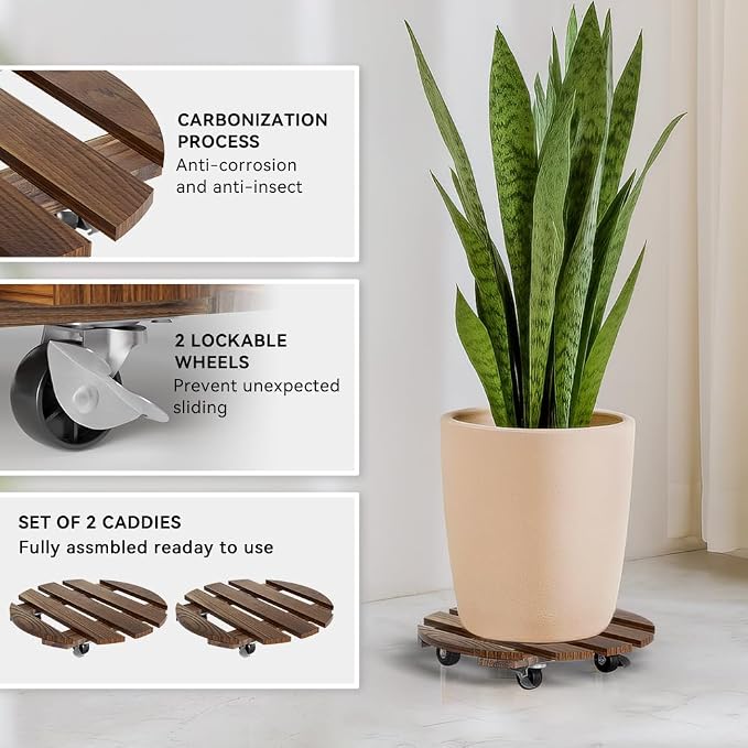 2 Pack Plant Stand Indoor and Outdoor, 12IN Premium Wooden Plant Caddy - Image 4