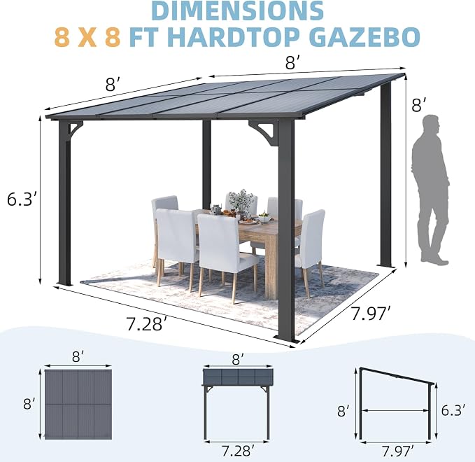 AECOJOY 8' x 8' Gazebo for Patio, Small Wall-Mounted Lean to Gazebo Pergola - Image 7