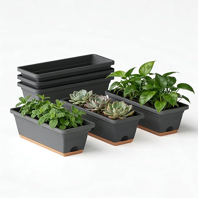 Window Box Planter, 6 Pack Plastic Vegetable Flower Window Planters Boxes 16 by LesOasis