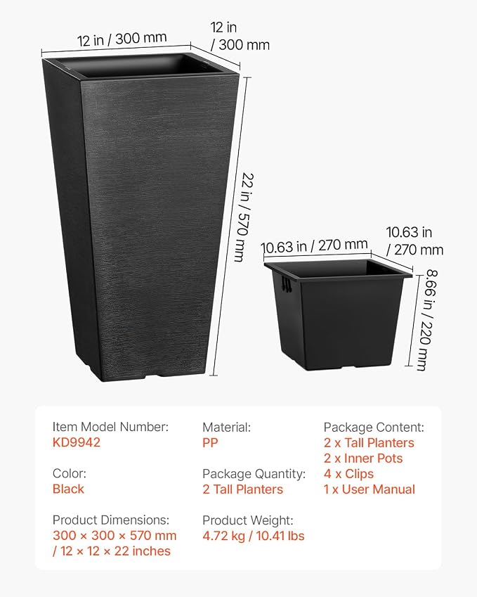 VEVOR Set of 2 Tall Outdoor Planters 22inch, Large Planters - Image 7