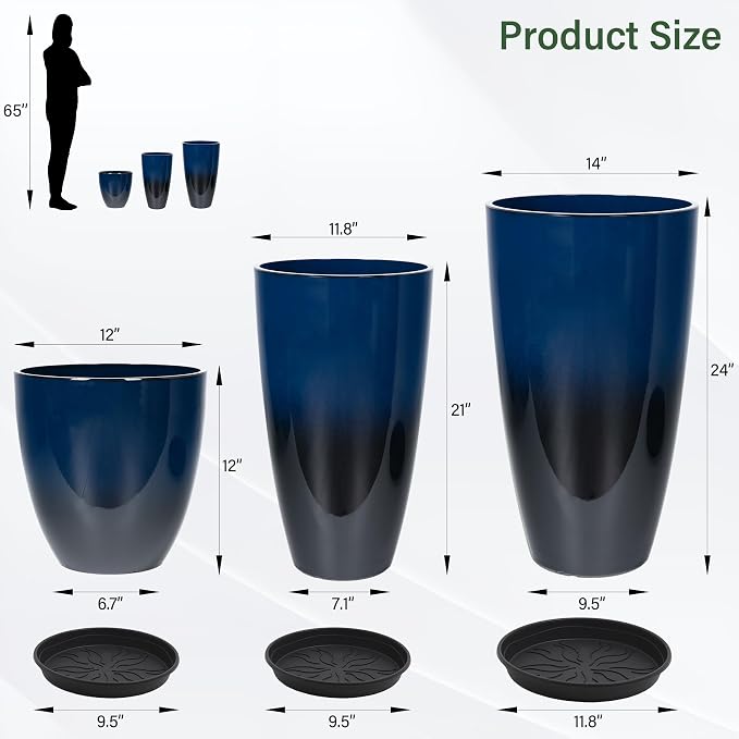24/21/12 Inch Large Plastic Planter, Lightweight Ceramic-Look Tall Planters - Image 3