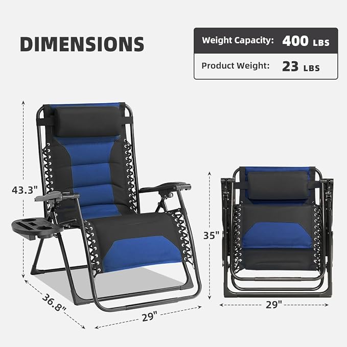Zero Gravity Chair Set of 2 Oversized Folding Recliner, Padded Anti Gravity - Image 3