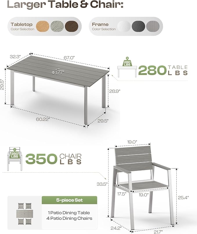 67" Rectangle HDPS Patio Dining Table, Aluminum Outdoor Patio Dining Table - Image 7