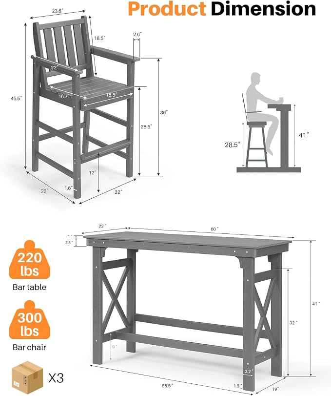 5-Piece HDPE Patio Bar Set, Rectangular Bar Height Table and 4 Adirondack Bar - Image 4