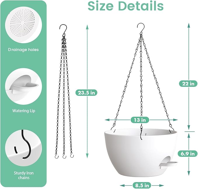 13 Inch 2 Pack Large Self Watering Hanging Planters - Image 5