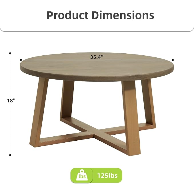 Indoor Round Coffee Table with 35.5” Woodgrain Finish Table Top, Outdoor Metal - Image 2