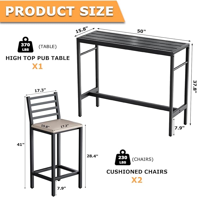 3 Piece Outdoor Patio Bar Set, 2 Cushioned 41" Bar Stools Modern Metal Outdoor - Image 2