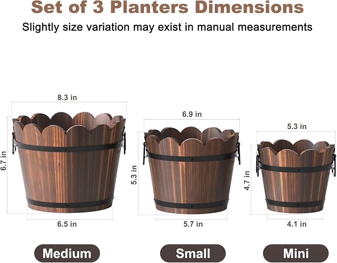 Wooden Bucket Barrel Planters, Rustic Patio Planters Flower Pots - Image 2