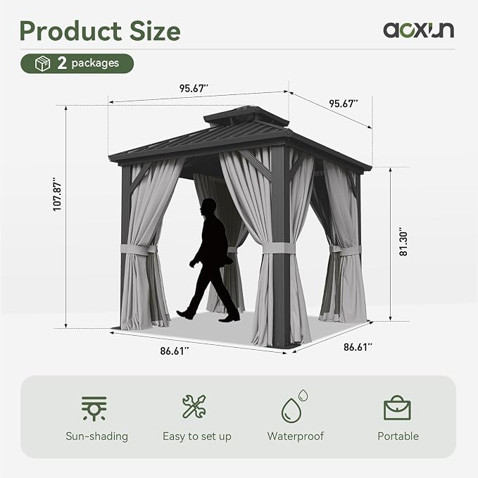 Aoxun 8'x8' Hardtop Gazebo, Aluminum Frame Canopy - Image 3