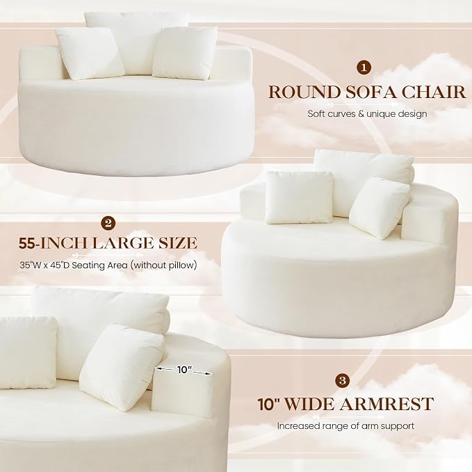 Antetek Oversized Round Chaise Longue Chair Indoor, Modern 55-inch Upholstered - Image 5