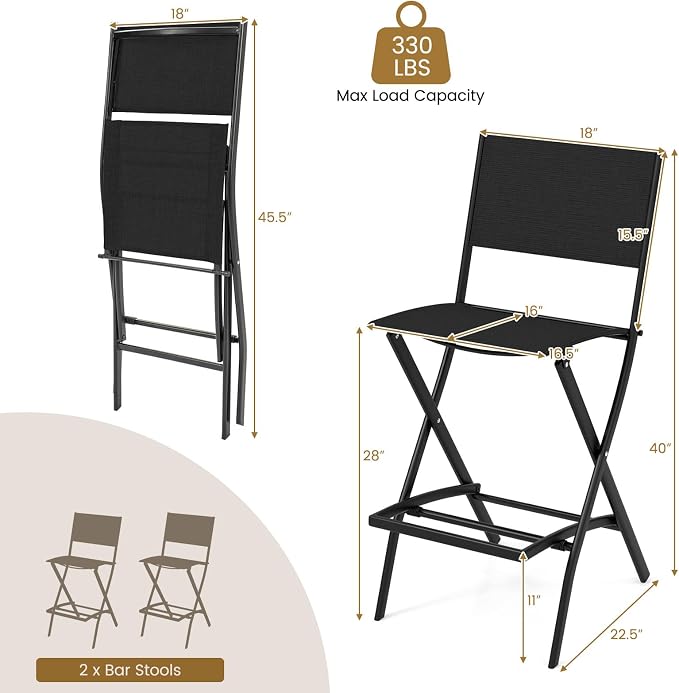 COSTWAY Outdoor Patio Bar Chair Set of 2, Folding Bar Height Stool - Image 2