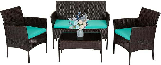 FDW | 4-Piece Patio Furniture Set | Brown & Blue | Outdoor Wicker Furniture by FDW
