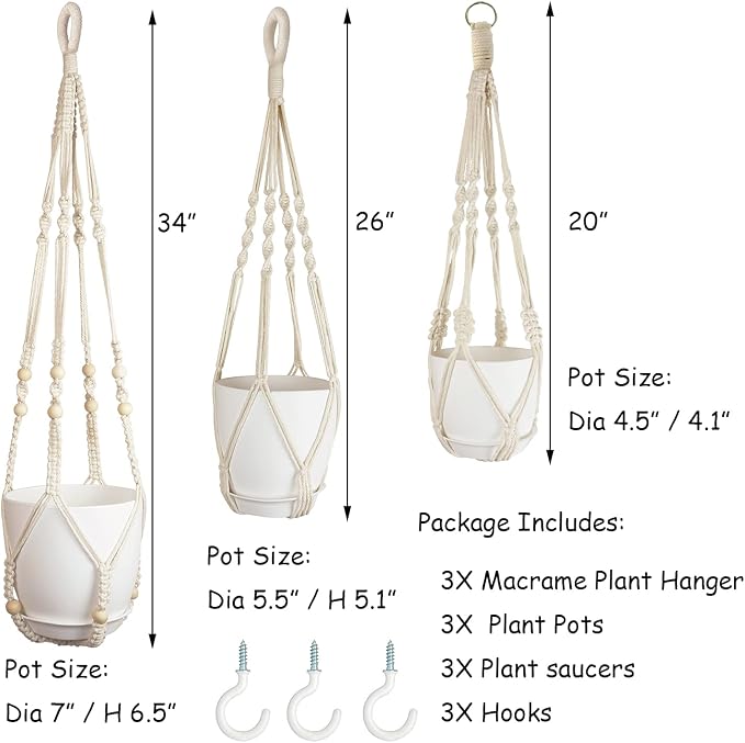 Macrame Plant Hangers with Pots and Saucers, 3 Pack Hanging Planters - Image 2