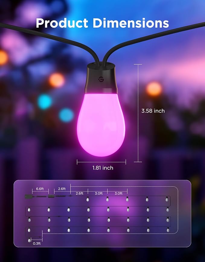 Govee S14 Bulb Outdoor String Lights 2, 96ft Smart RGBIC Warm White Patio Lights - Image 7