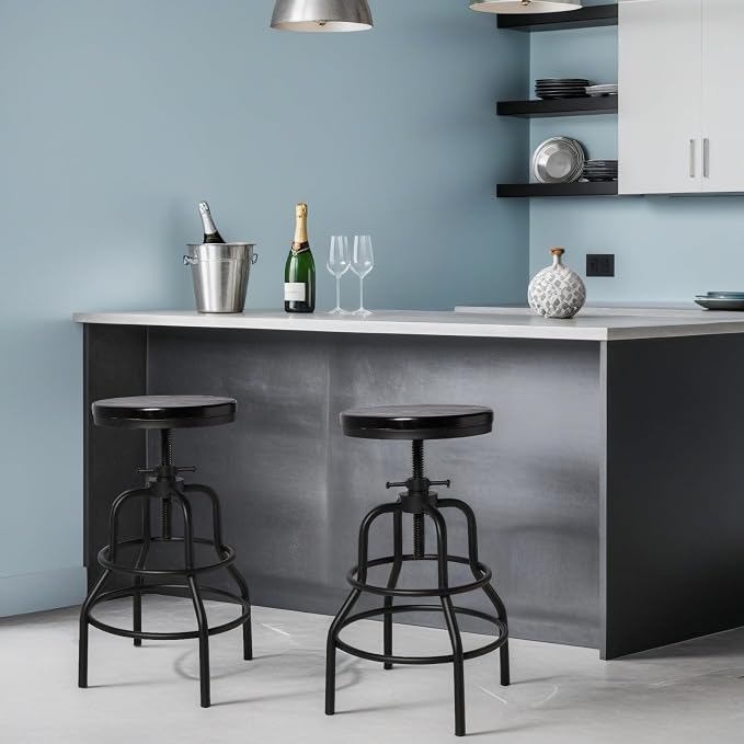 LOKKHAN Vintage Industrial Bar Stool-Rustic Swivel Bar Stool-Round Walnut Wood - Image 9