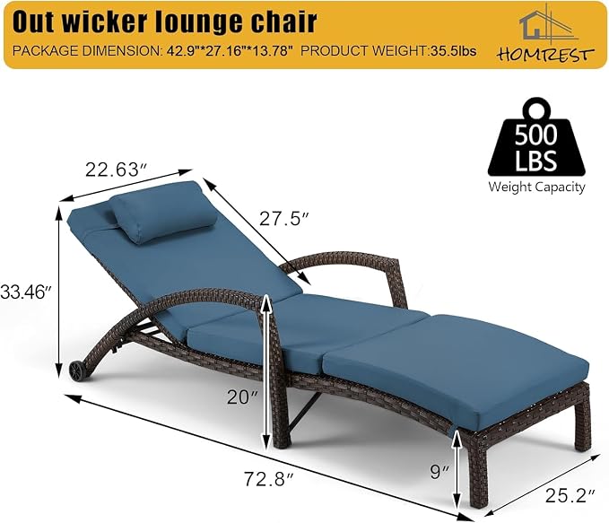 HOMREST Chaise Lounge Chairs Set of 4, PE Rattan Wicker Recliner, Patio Lounge - Image 3