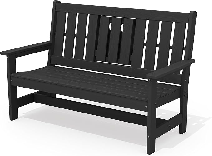 SERWALL Outdoor Bench with Cup Holder, All Weather Patio Benches with High by SERWALL