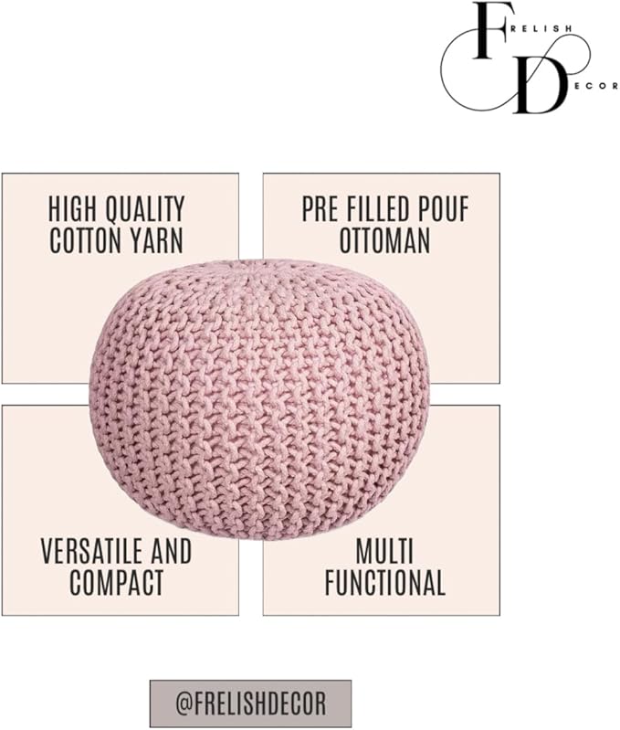 FRELISH DECOR Round Pouf Ottoman Hand Knitted 100% Cotton Pouf Foot Stool - Image 4