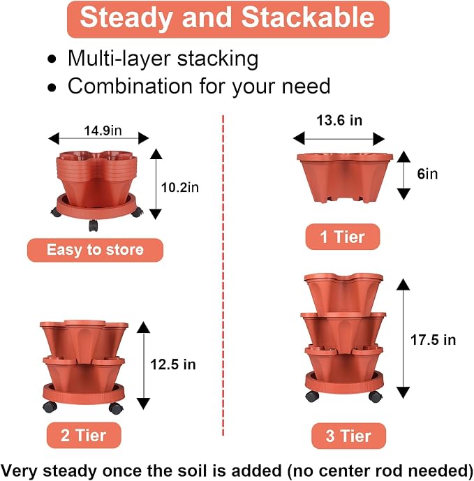GameXcel Vertical Planter 3 Tier Stackable Planters Garden Planters Strawberry - Image 7