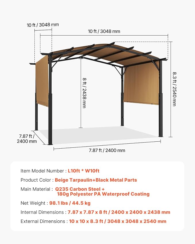 VEVOR 10 x 10 ft Outdoor Pergola, Arched Top Metal Pergola, Retractable Pergola - Image 7