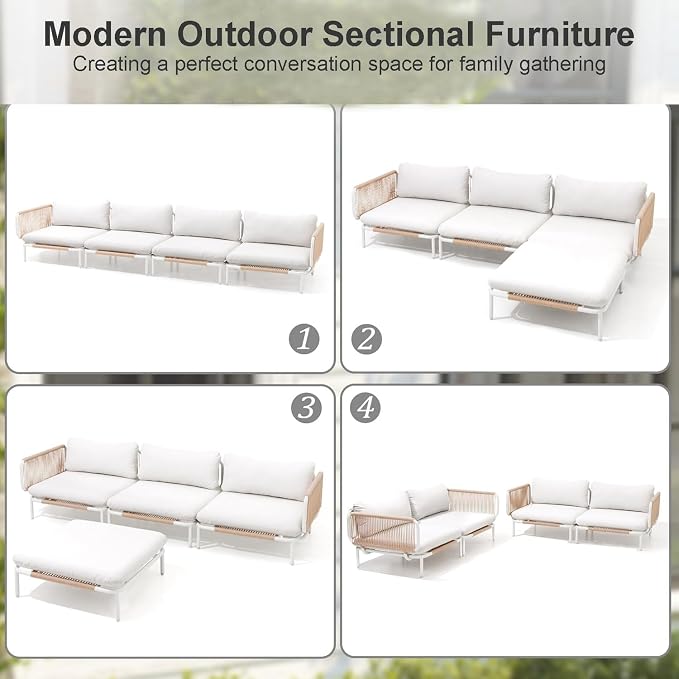 4 Piece Modern Outdoor Sectional Sofa, Weather-Resistant Metal Frame and - Image 3